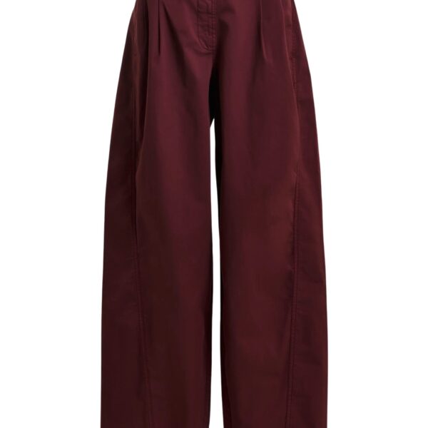 Dark red tapered cotton pants with twisted seams