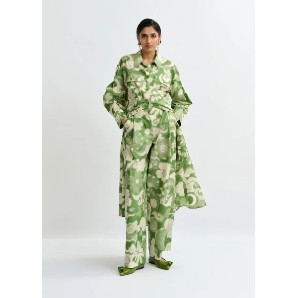 Essentiel Antwerp Green and cream cotton-blend floral-print shirt dress, view 2