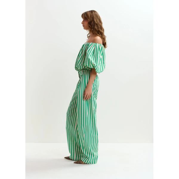 Essentiel Antwerp Green and cream gathered bodysuit with puffed sleeves, view 4