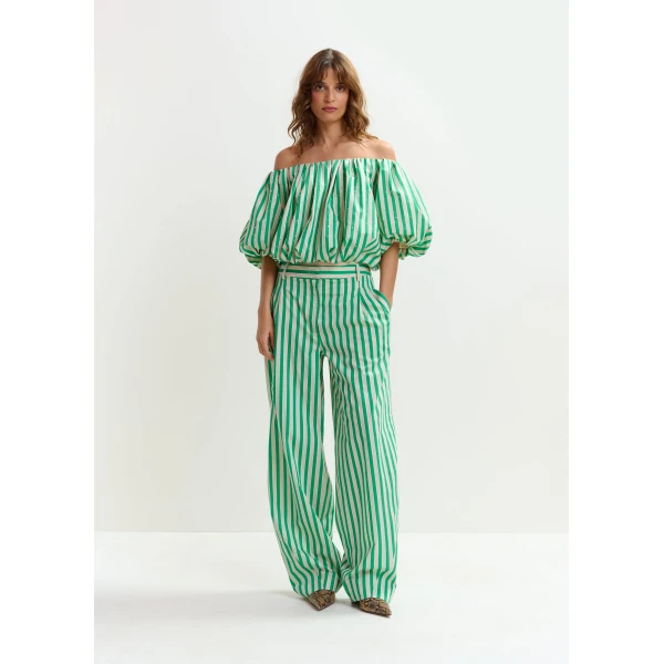 Essentiel Antwerp Green and cream gathered bodysuit with puffed sleeves, view 6