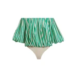 Green and cream gathered bodysuit with puffed sleeves