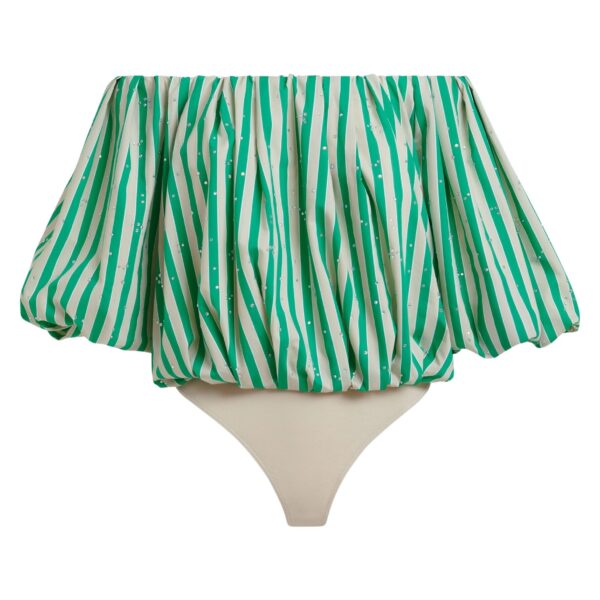 Green and cream gathered bodysuit with puffed sleeves