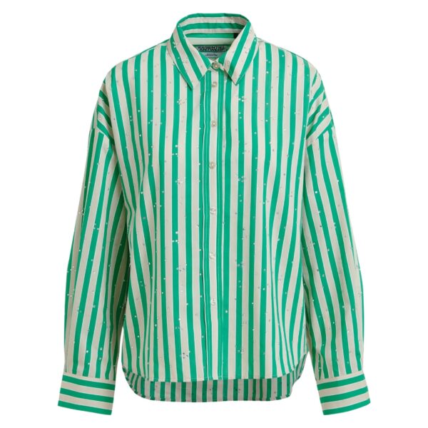 Green and cream striped cotton-blend shirt with rhinestone embellishments