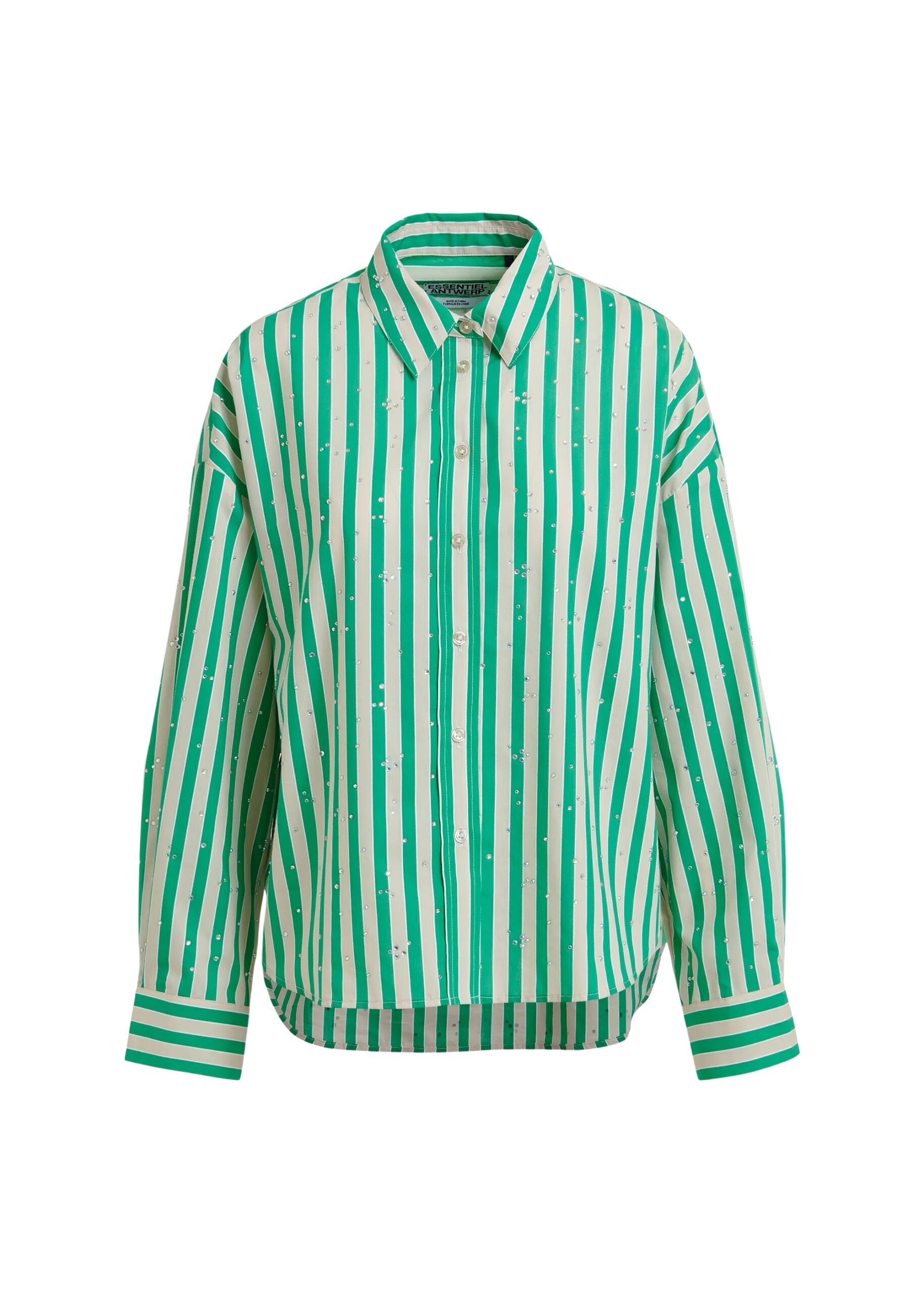 Green and cream striped cotton-blend shirt with rhinestone embellishments