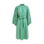 Green and cream striped midi-length dress with mandarin collar and rhinestone embellishments