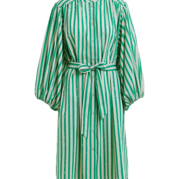 Green and cream striped midi-length dress with mandarin collar and rhinestone embellishments