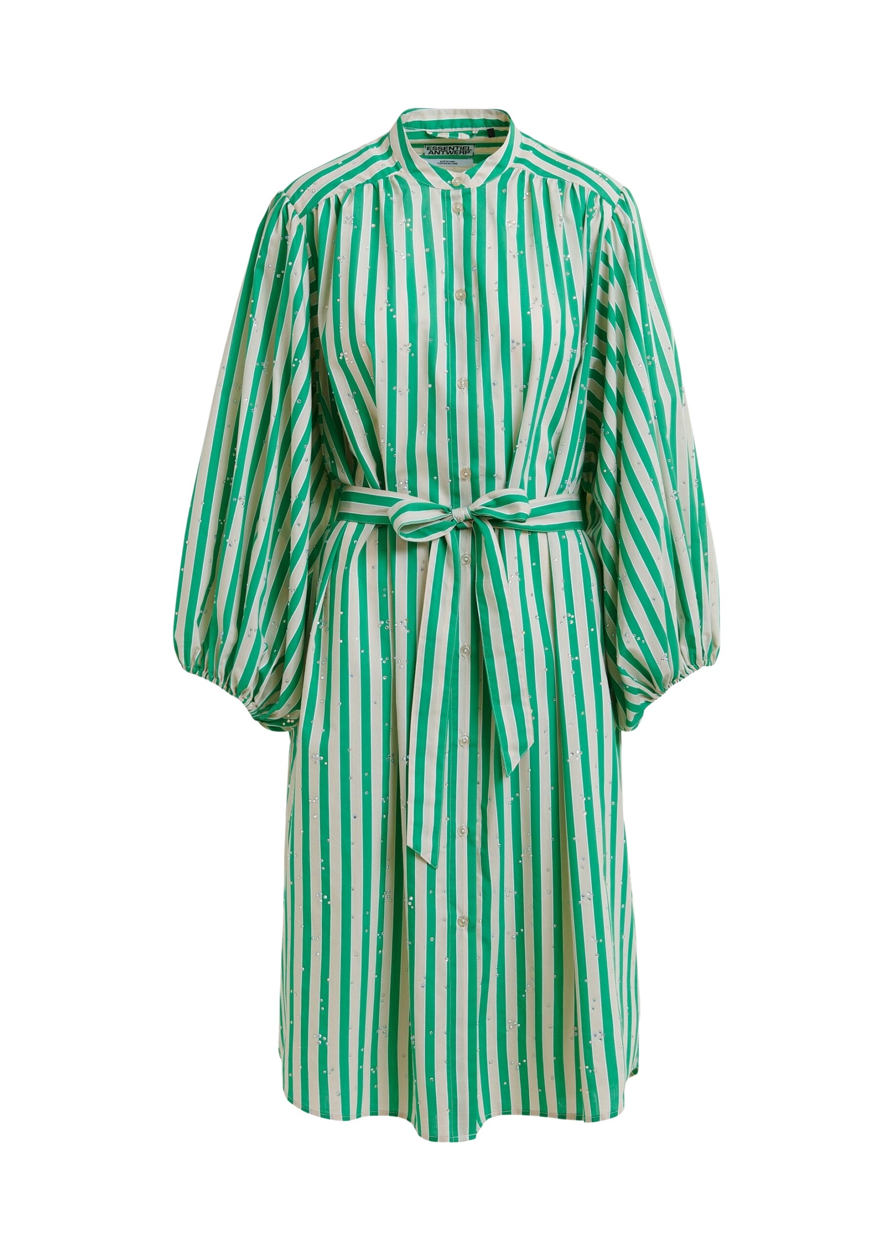 Green and cream striped midi-length dress with mandarin collar and rhinestone embellishments