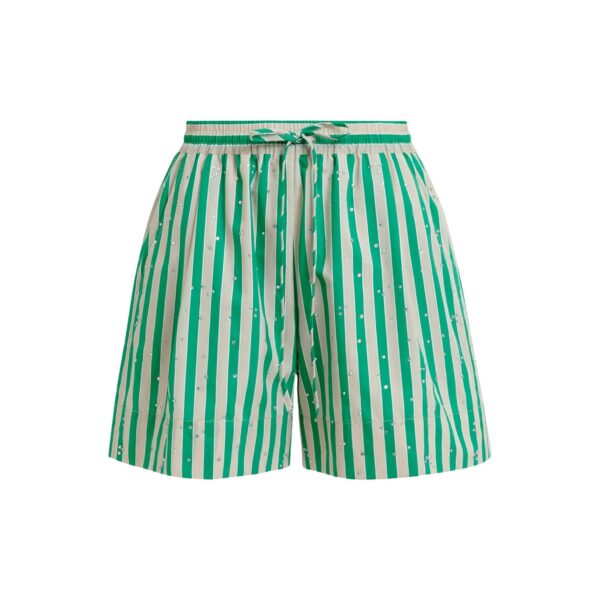Green and cream striped shorts with rhinestone embellishments