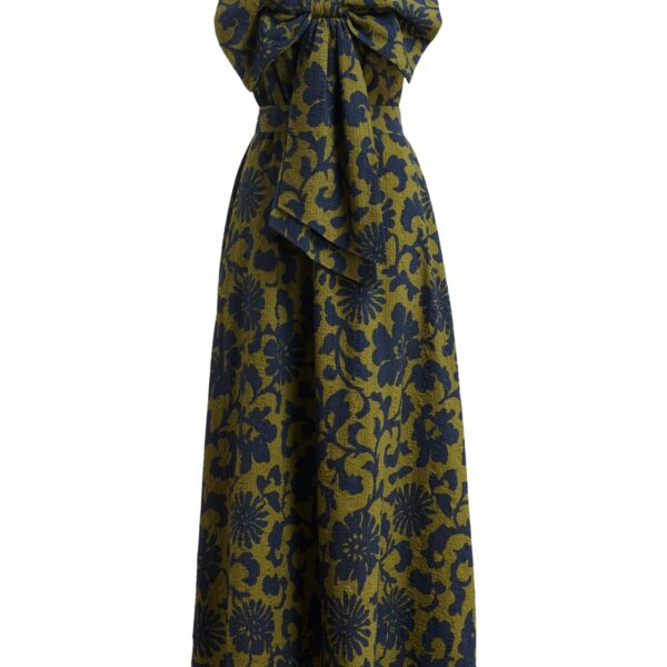 Green and dark blue floral print babydoll midi dress with bow detail