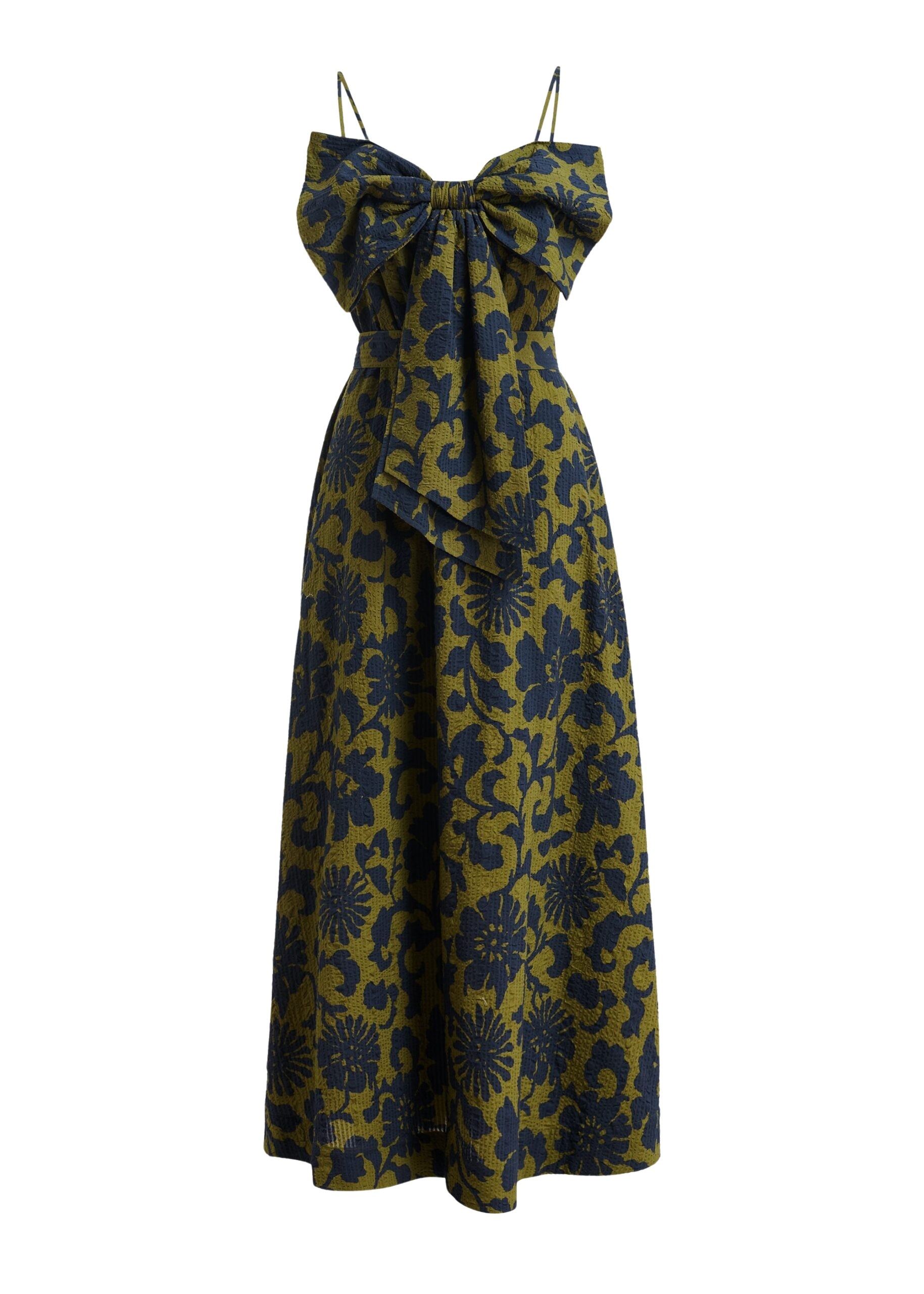 Green and dark blue floral print babydoll midi dress with bow detail