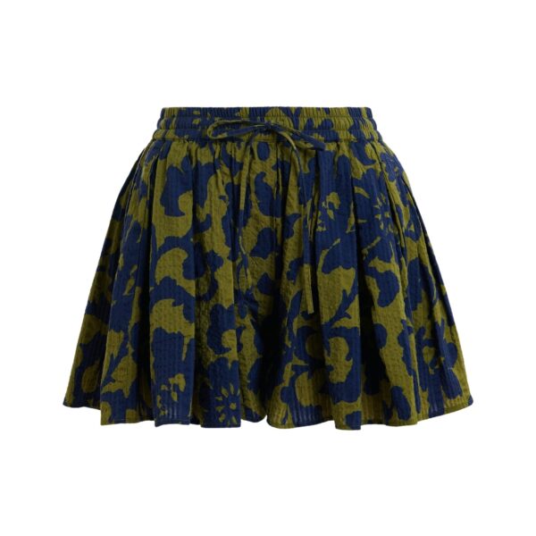 Green and dark blue floral print cotton shorts