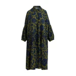 Green and dark blue floral print shirt dress with pleated waist