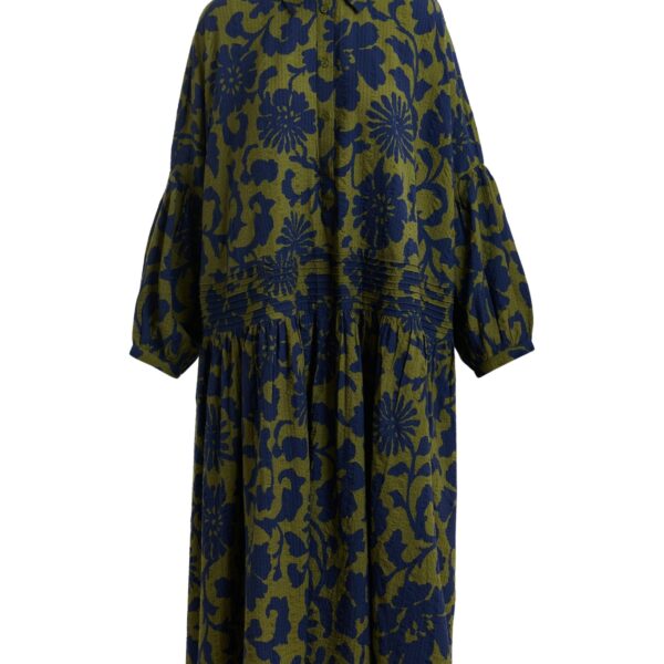 Green and dark blue floral print shirt dress with pleated waist