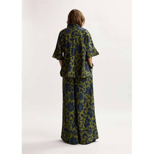 Essentiel Antwerp Green and dark blue peplum cotton shirt with contrasting collar, view 5