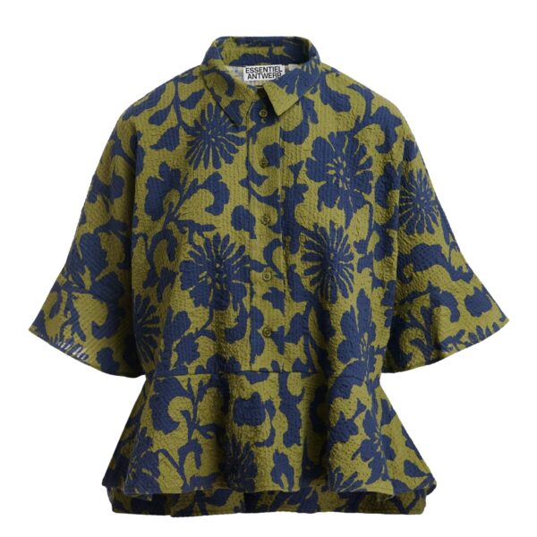 Green and dark blue peplum cotton shirt with contrasting collar
