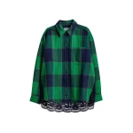 Green and navy wool-blend checked flannel with lace back panel