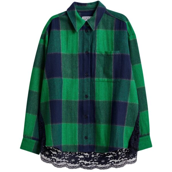 Green and navy wool-blend checked flannel with lace back panel