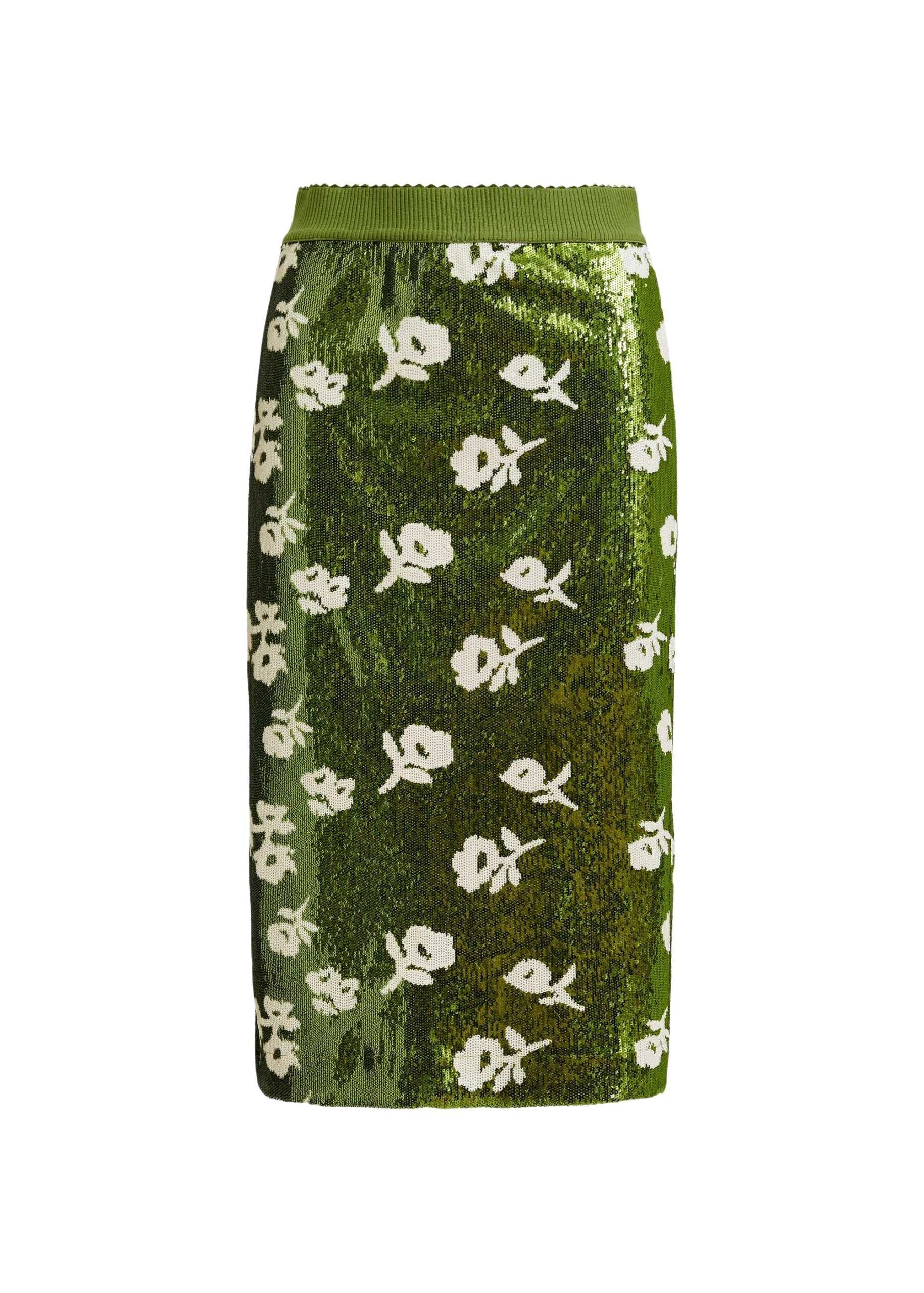 Green and off-white sequin-embellished pencil skirt