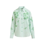 Green and off-white striped cotton shirt with floral sequin and bead embellishments