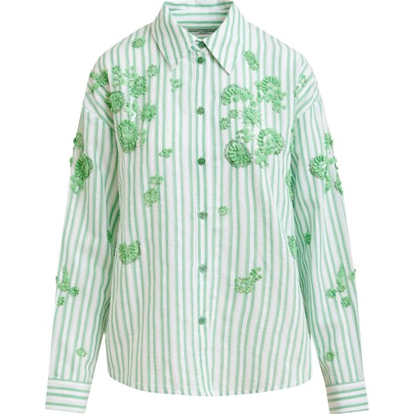 Green and off-white striped cotton shirt with floral sequin and bead embellishments