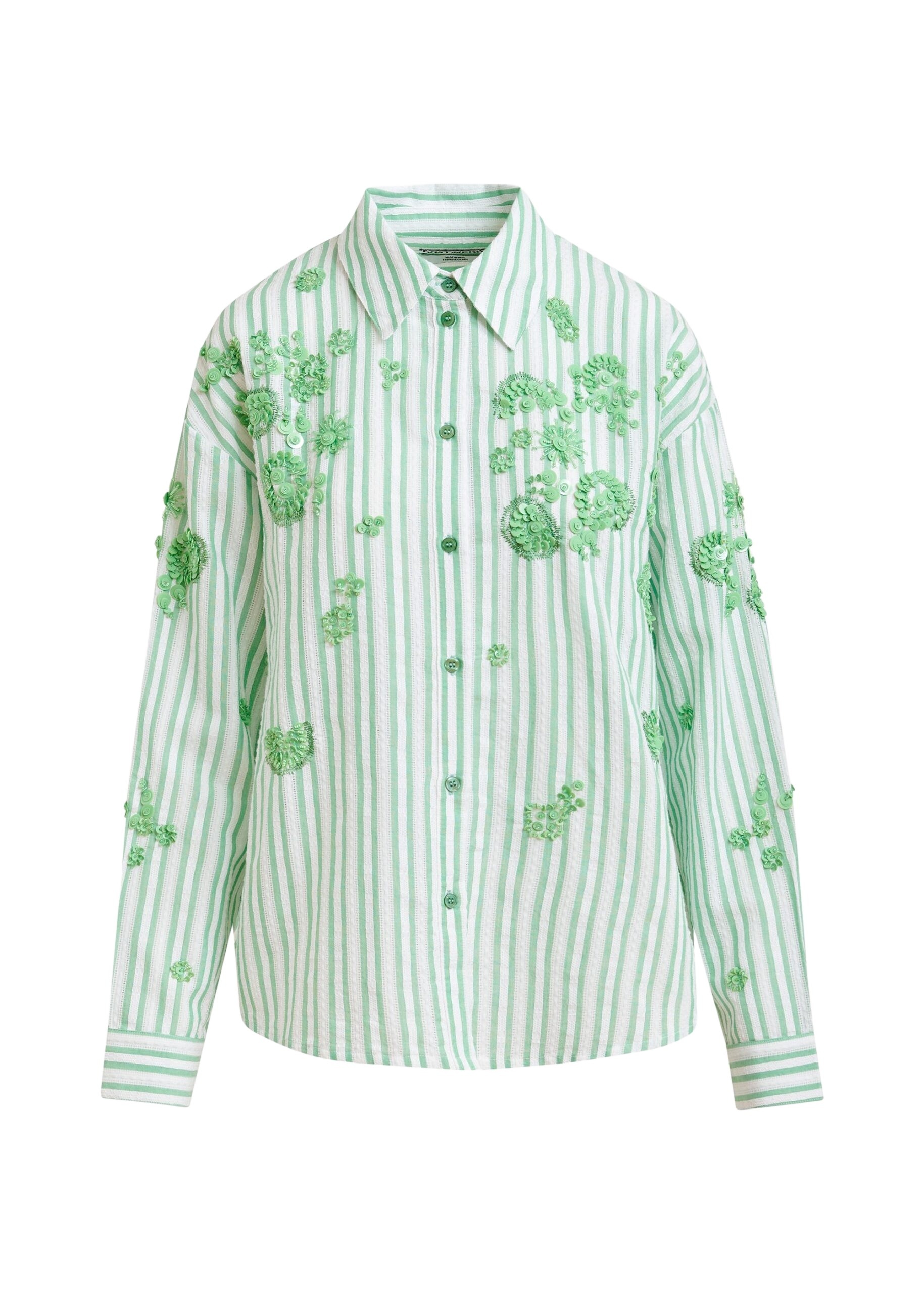 Green and off-white striped cotton shirt with floral sequin and bead embellishments