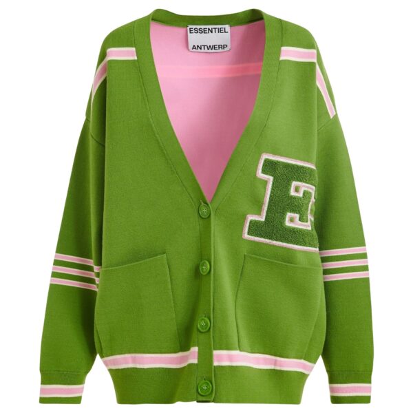Green appliquéd cardigan with pink stripes