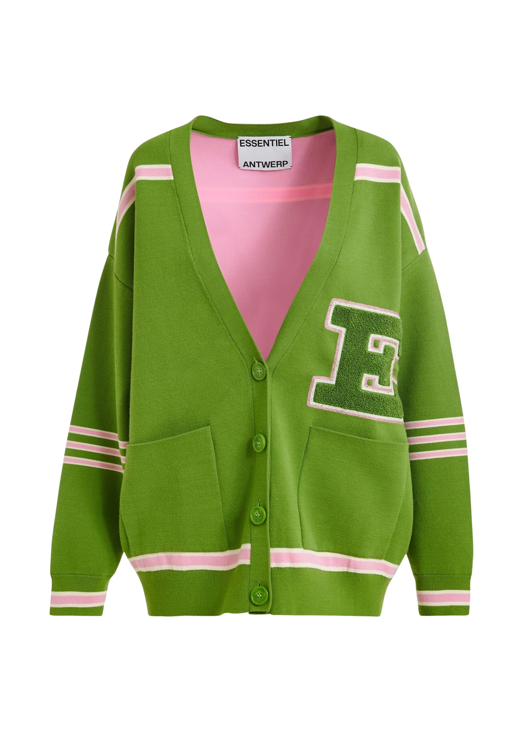Essentiel-Antwerp-Green-appliqued-cardigan-with-pink-stripes-scaled85515_nobg Green appliquéd cardigan with pink stripes