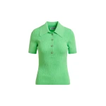 Green cotton-blend ribbed polo with rhinestone-encrusted buttons