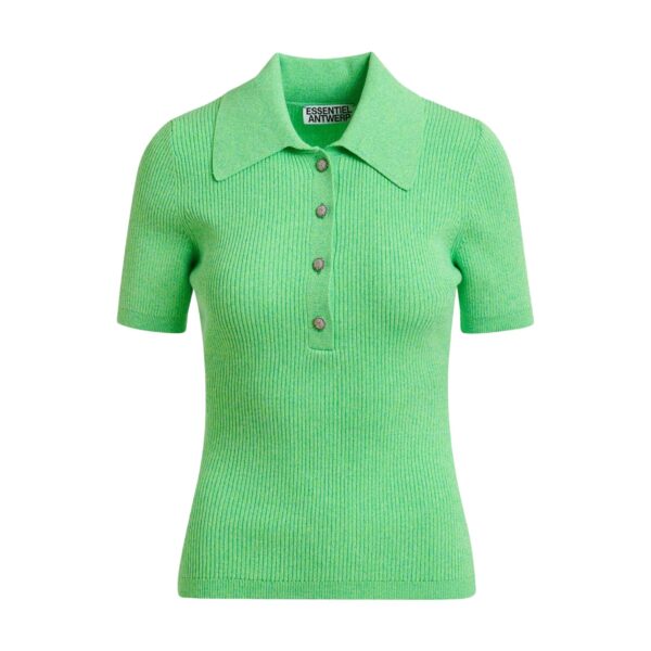Green cotton-blend ribbed polo with rhinestone-encrusted buttons