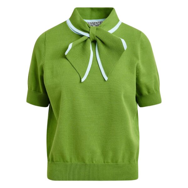 Green fine-knit polo with light blue scarf-like contrast collar