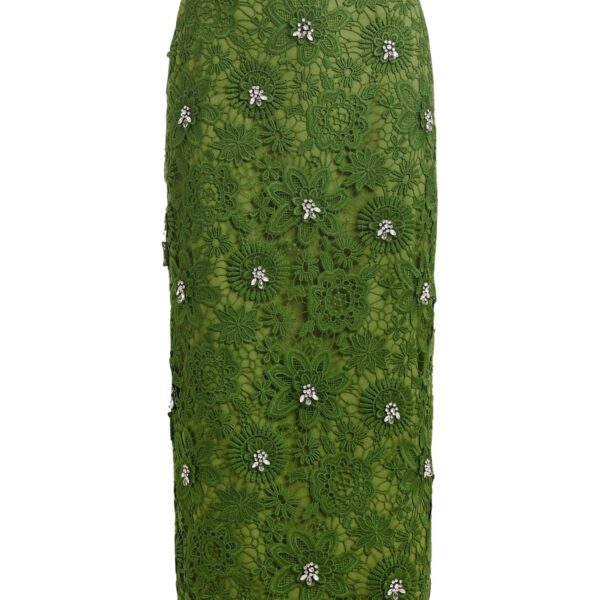 Green floral lace pencil skirt with rhinestone embellishments
