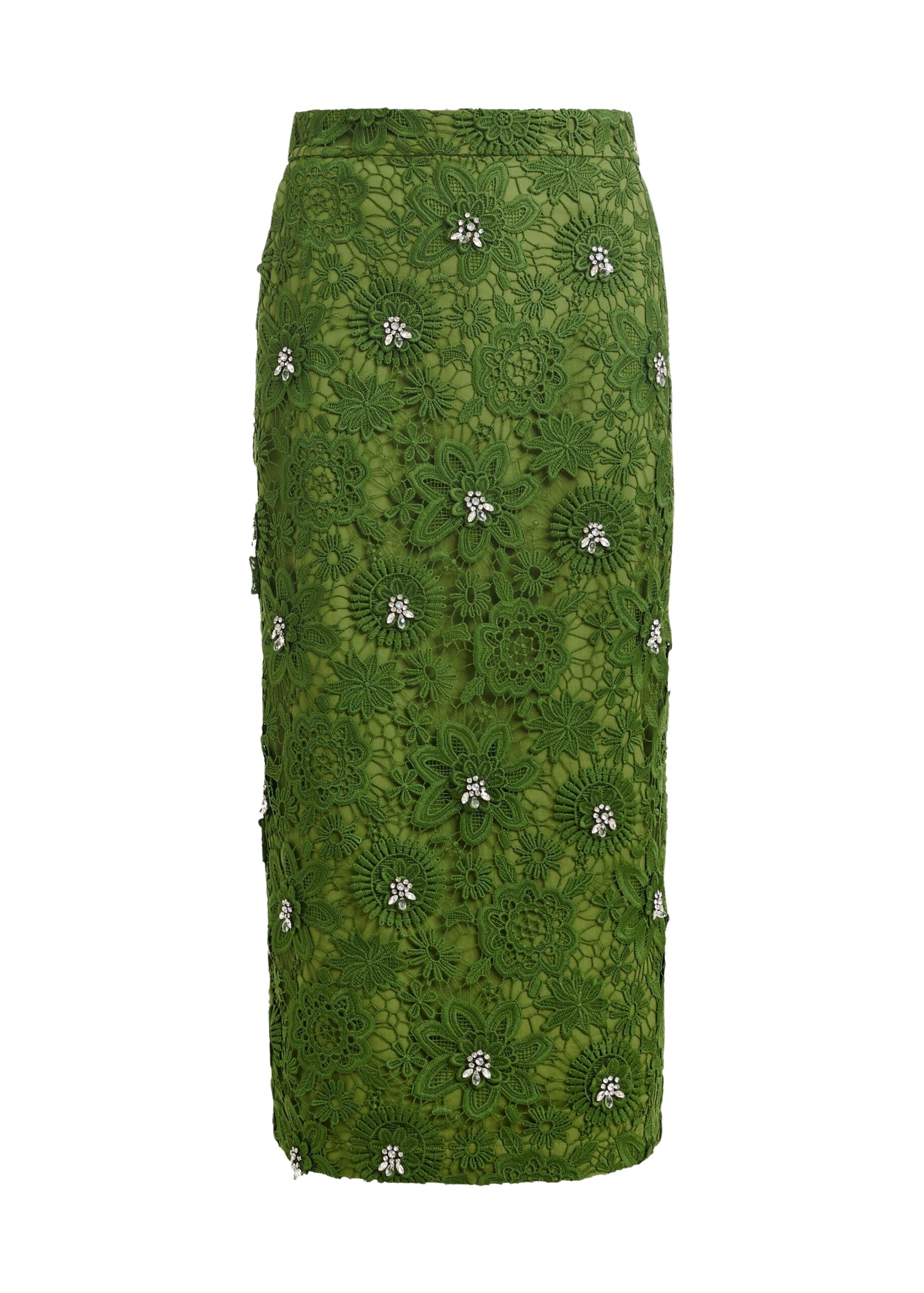 Green floral lace pencil skirt with rhinestone embellishments