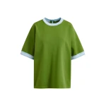 Green knit T-shirt with light blue contrasting trim