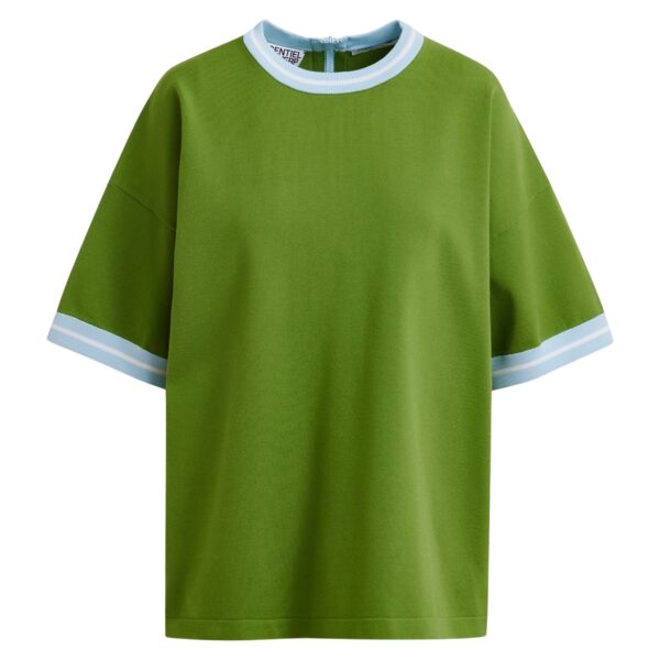 Green knit T-shirt with light blue contrasting trim