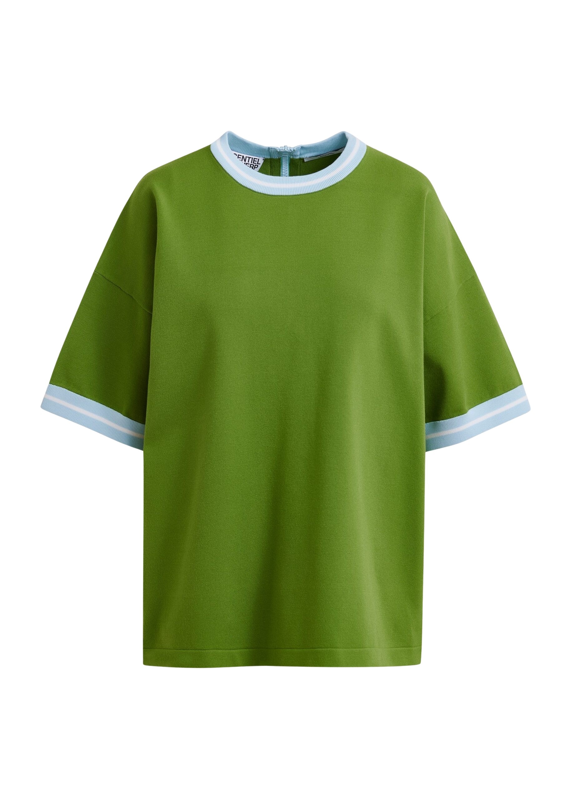 Green knit T-shirt with light blue contrasting trim