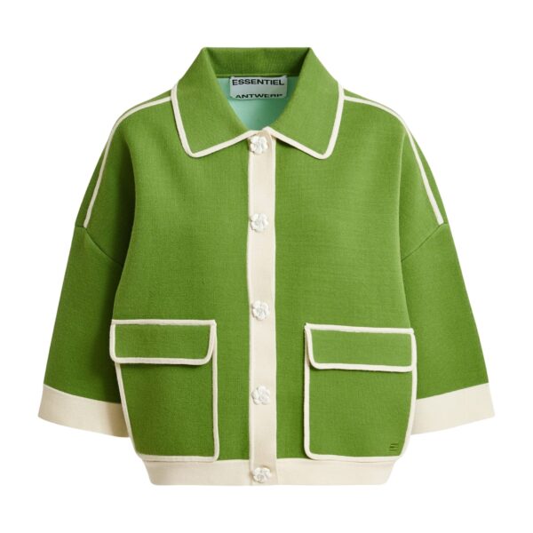 Green knit cardigan with flower buttons and off-white contrasting trims