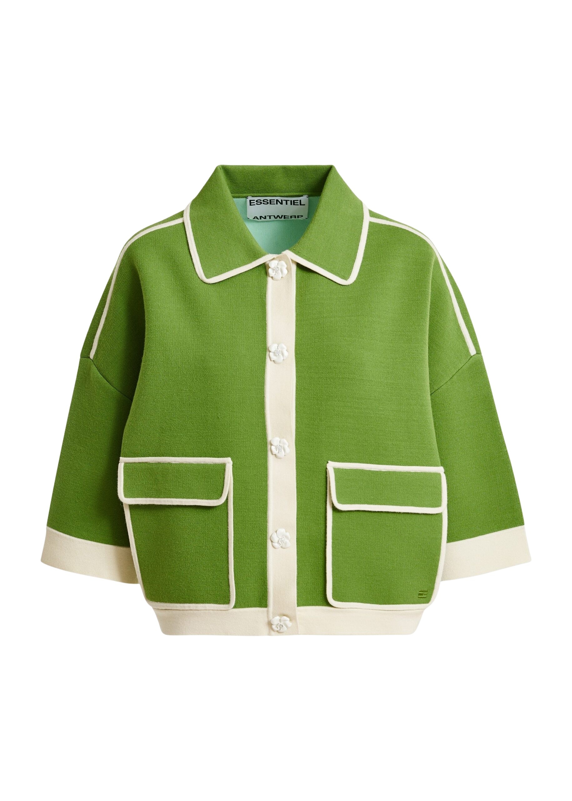 Green knit cardigan with flower buttons and off-white contrasting trims