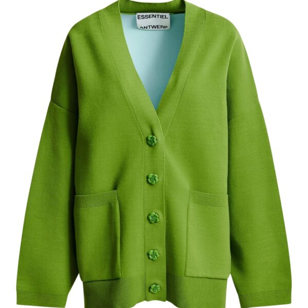 Green knit cardigan with tonal flower buttons
