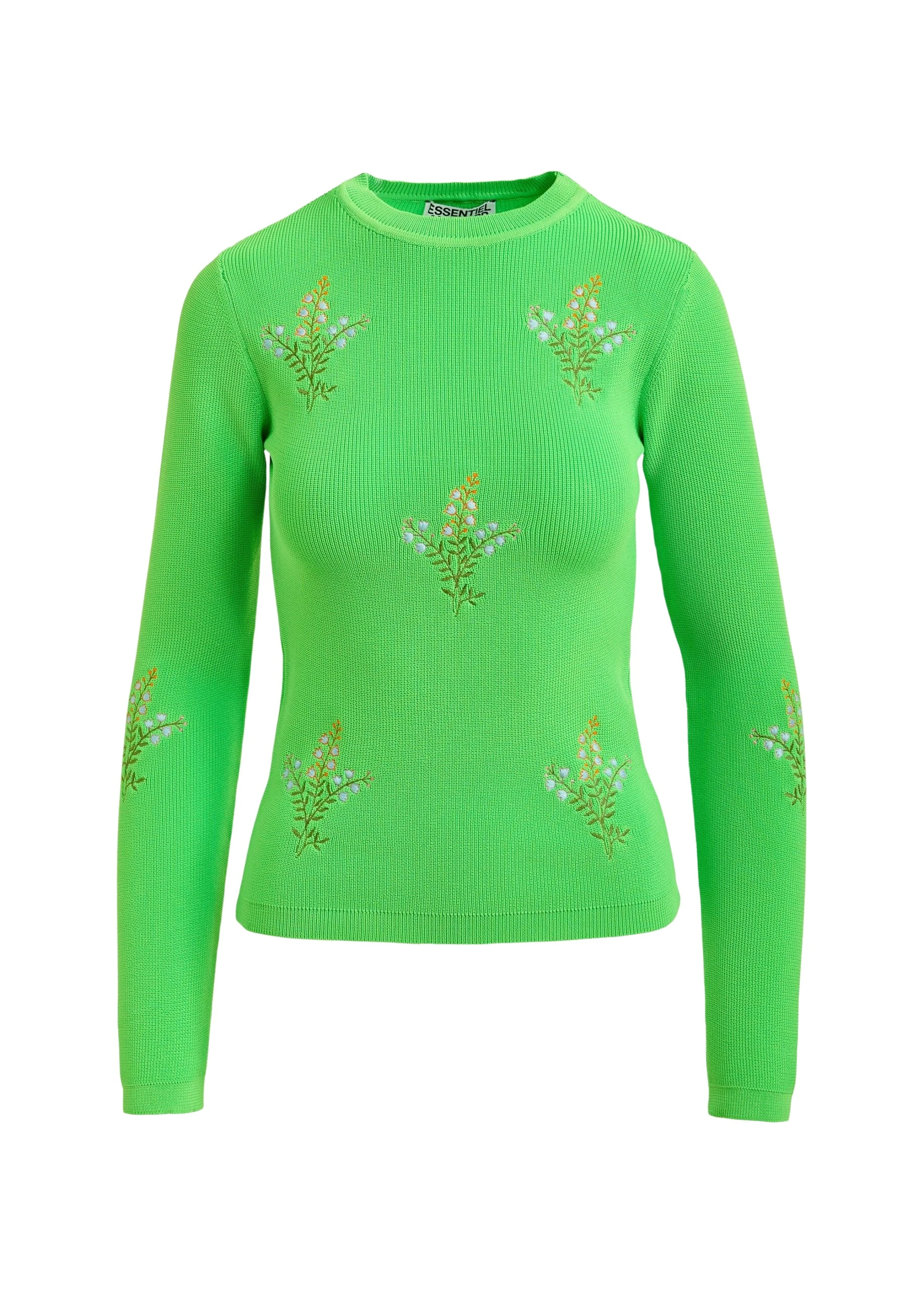 Essentiel-Antwerp-Green-knitted-sweater-with-floral-embroideries-scaled90561_nobg Green knitted sweater with floral embroideries