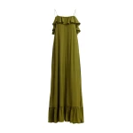 Green maxi dress with ruffled neckline and tie-back detail