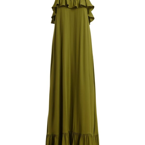 Green maxi dress with ruffled neckline and tie-back detail
