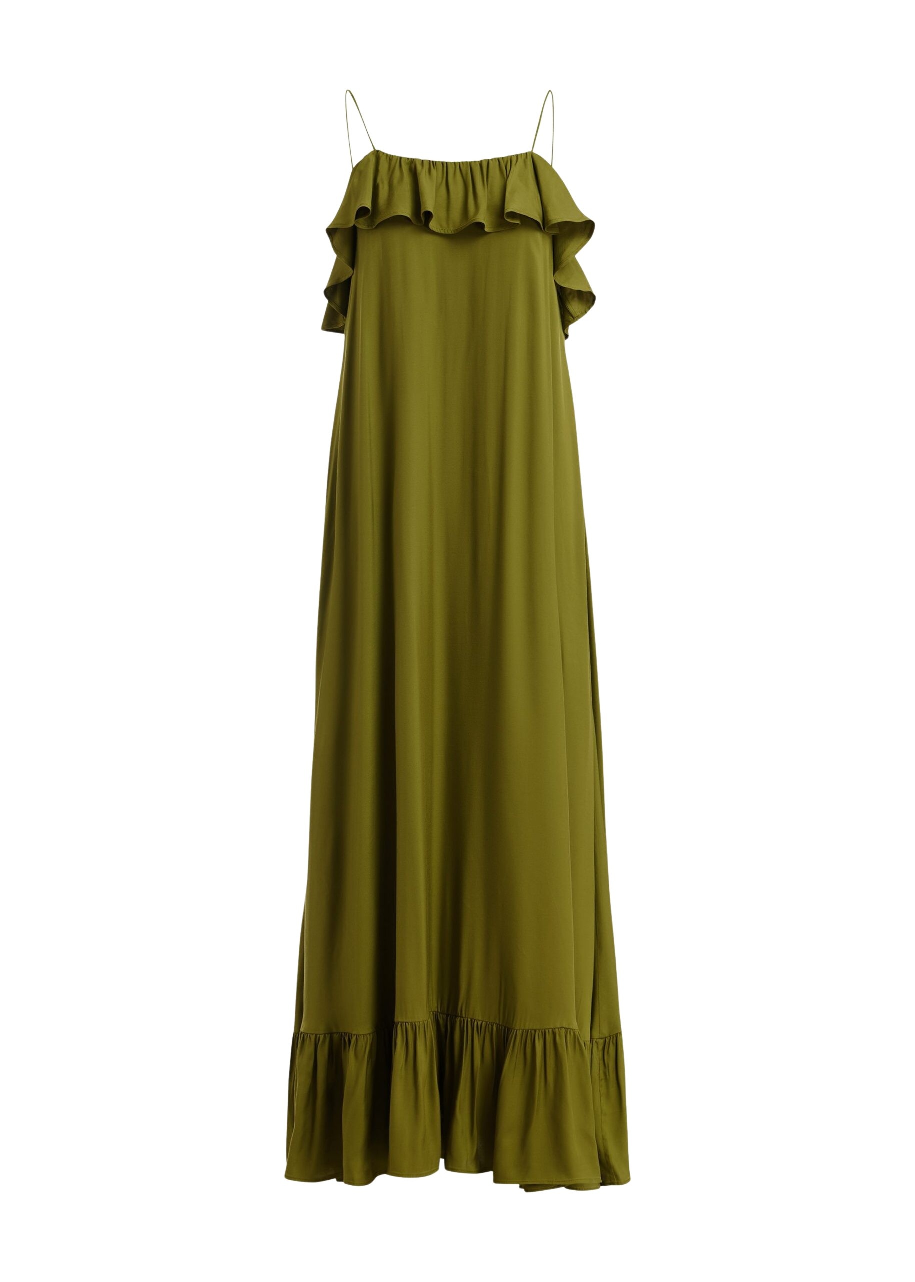 Green maxi dress with ruffled neckline and tie-back detail