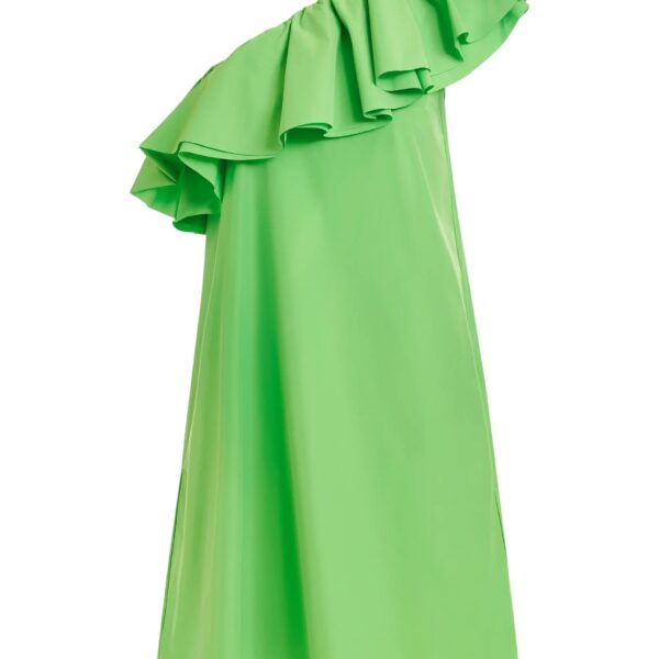 Green one-shoulder mini dress with ruffle details