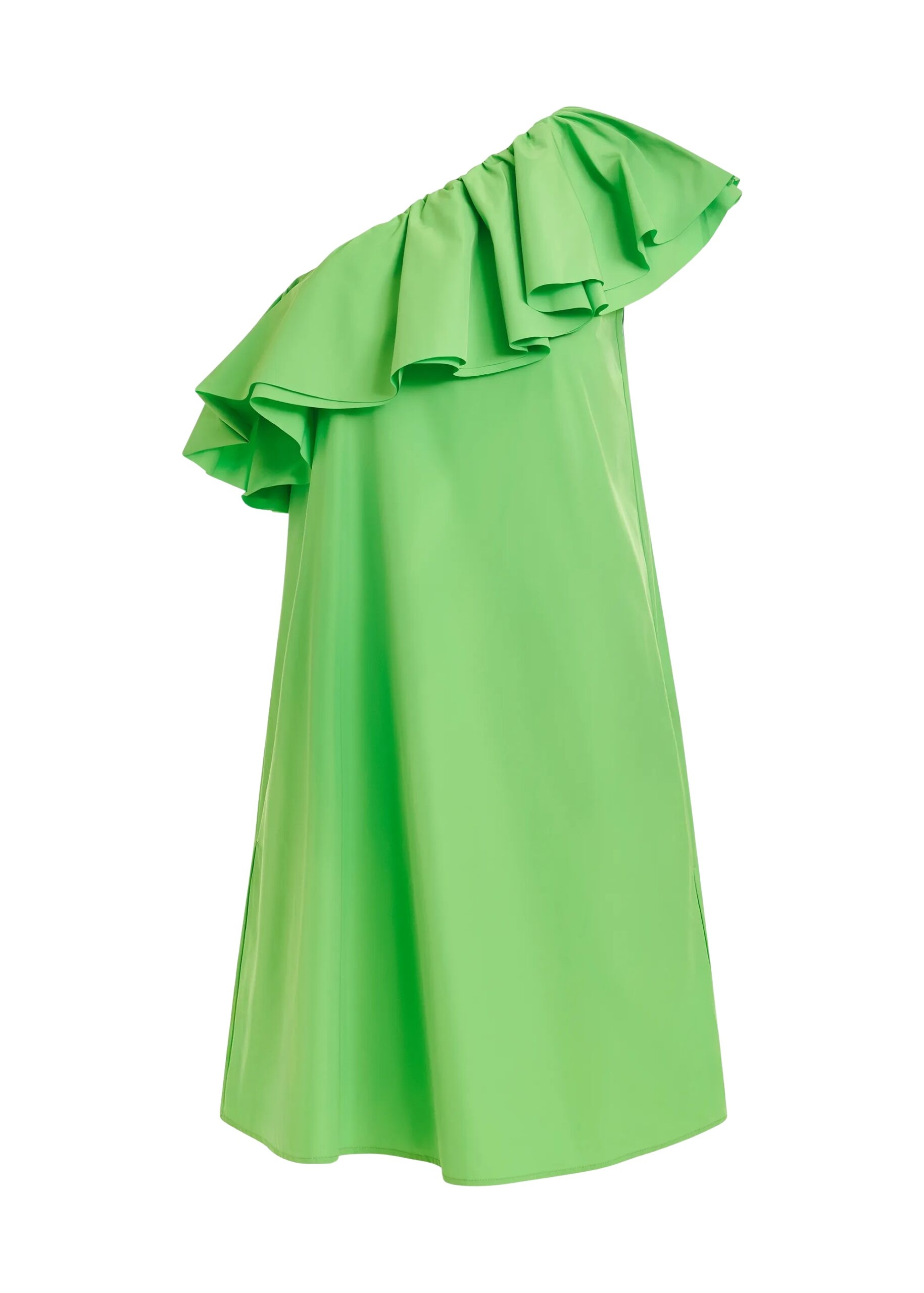 Green one-shoulder mini dress with ruffle details