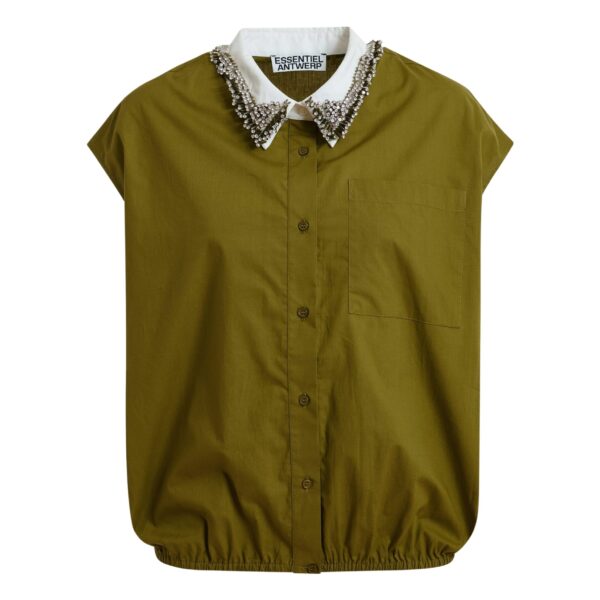 Green sleeveless cotton shirt with embellished collar