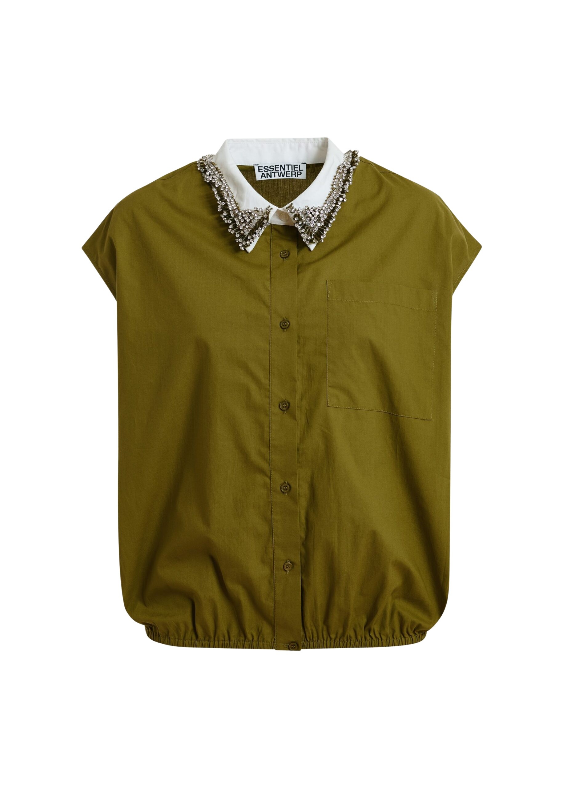 Green sleeveless cotton shirt with embellished collar