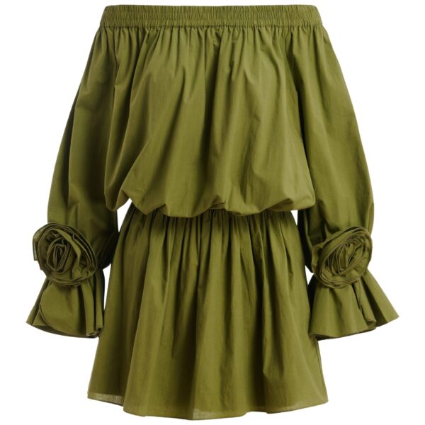 Green strapless cotton mini dress with rosette details