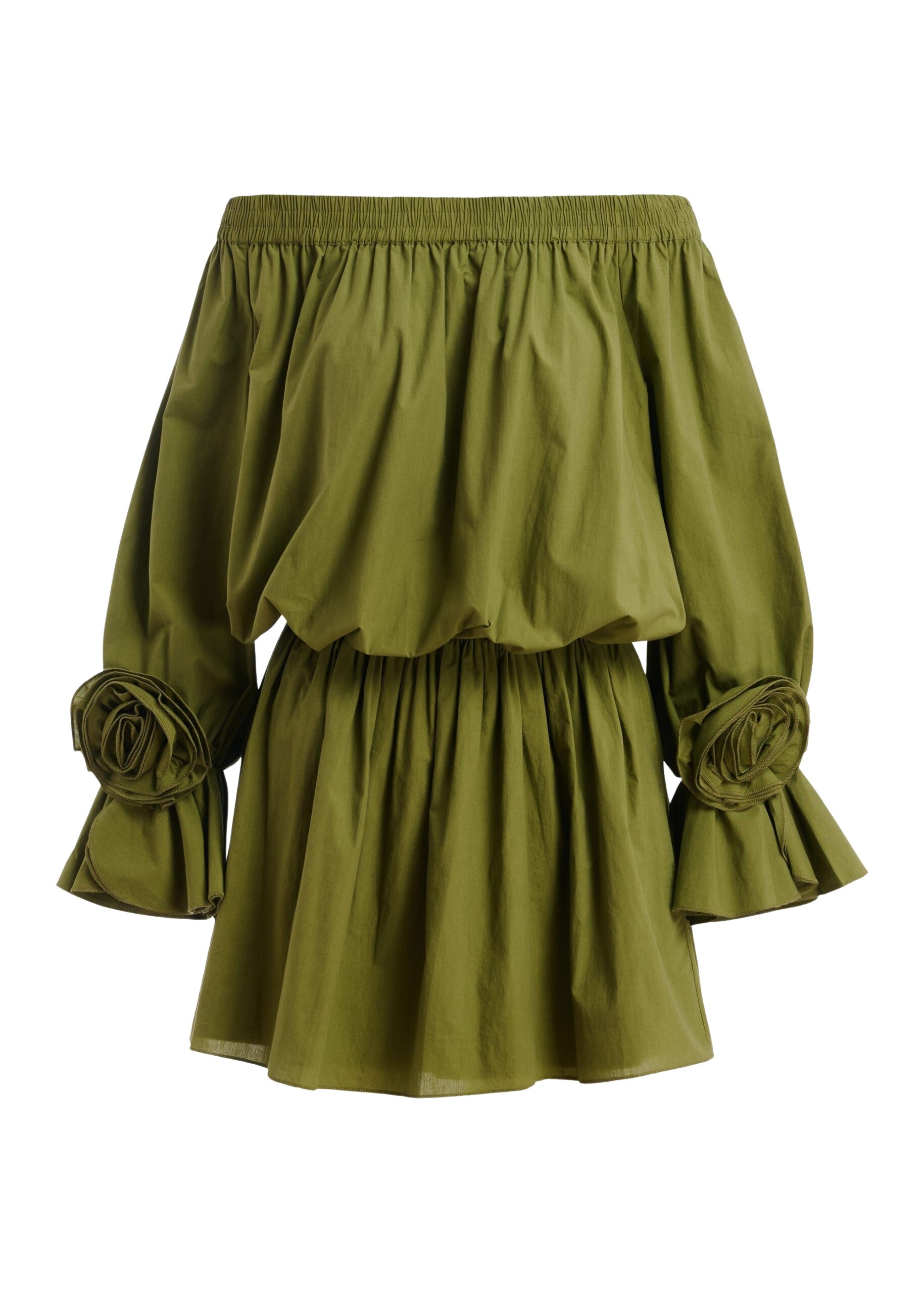 Green strapless cotton mini dress with rosette details