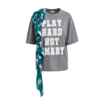 Grey and white printed cotton T-shirt with turquoise cascading frills