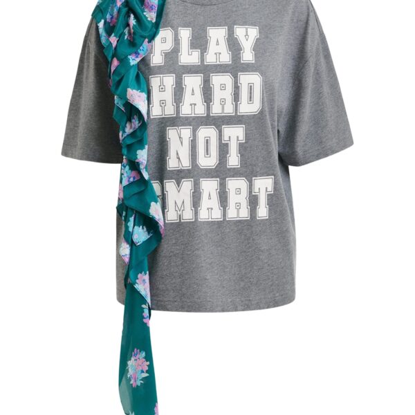 Grey and white printed cotton T-shirt with turquoise cascading frills